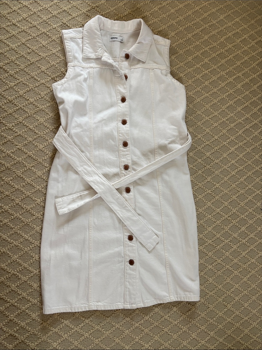 Sonoma White Sleeveless Button-Front Mini Dress with Tie